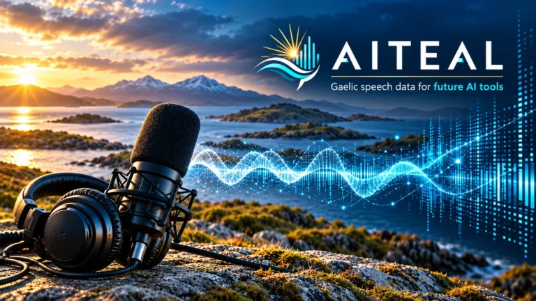 Illustration of Gaelic speech recording and AI technology, featuring a microphone, soundwaves and a Scottish coastal landscape