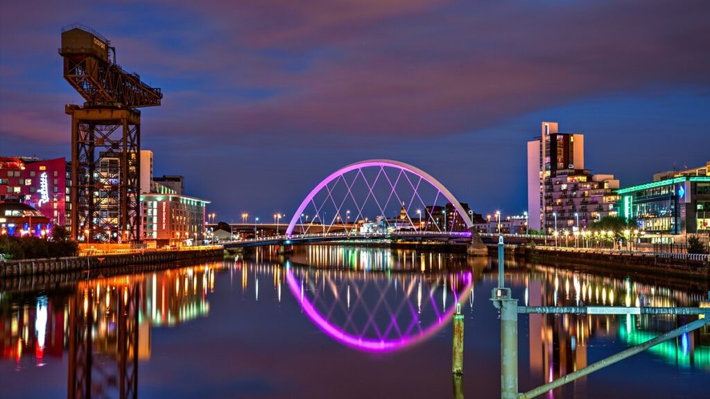 Glasgow cityscape and Clyde Arc, used to illustrate a West of Scotland business loan fund.