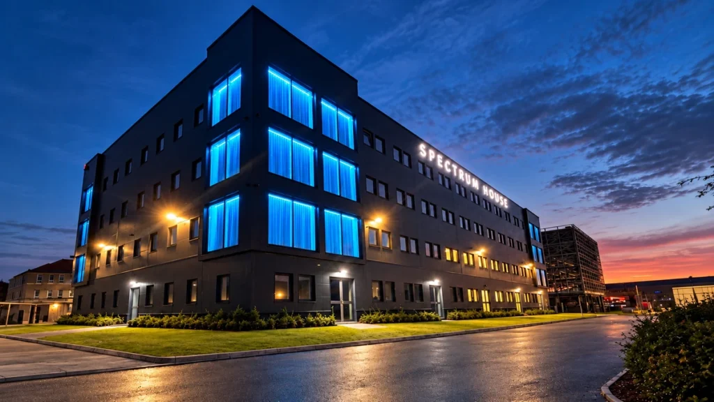 Spectrum House building illuminated at dusk in Dalmarnock, Glasgow