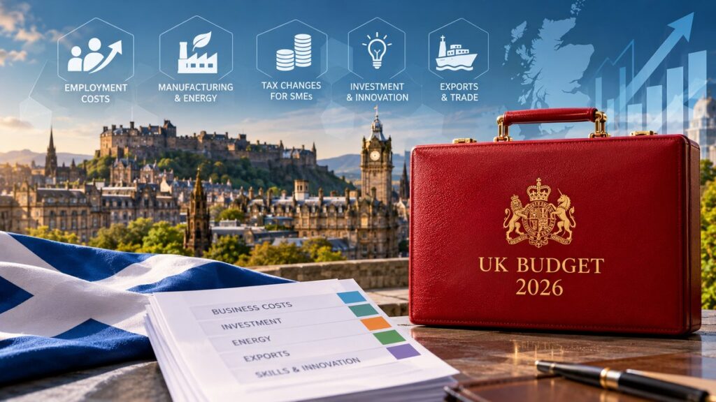 Illustration of the UK Budget 2026 briefcase with a Scottish flag and Edinburgh skyline, highlighting business costs and investment.